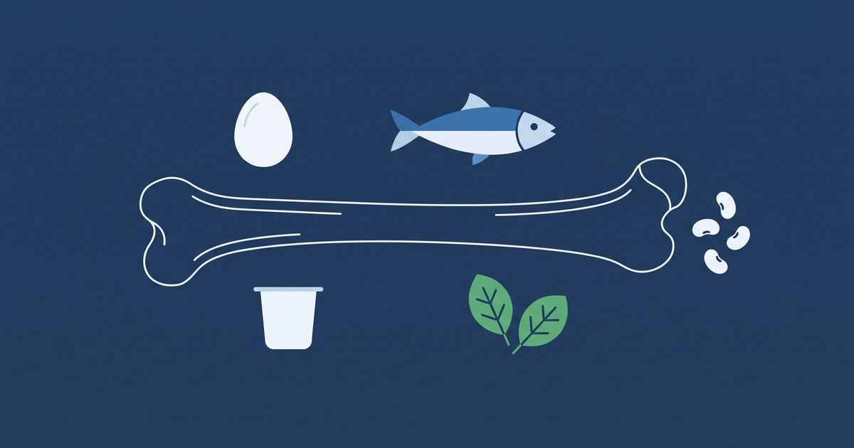 Ilustração editorial em tons de azul-marinho com o contorno estilizado de um osso cercado por formas simples de alimentos, como um ovo, um pote de iogurte, folhas verdes e grãos, sem pessoas e sem embalagens de produtos.