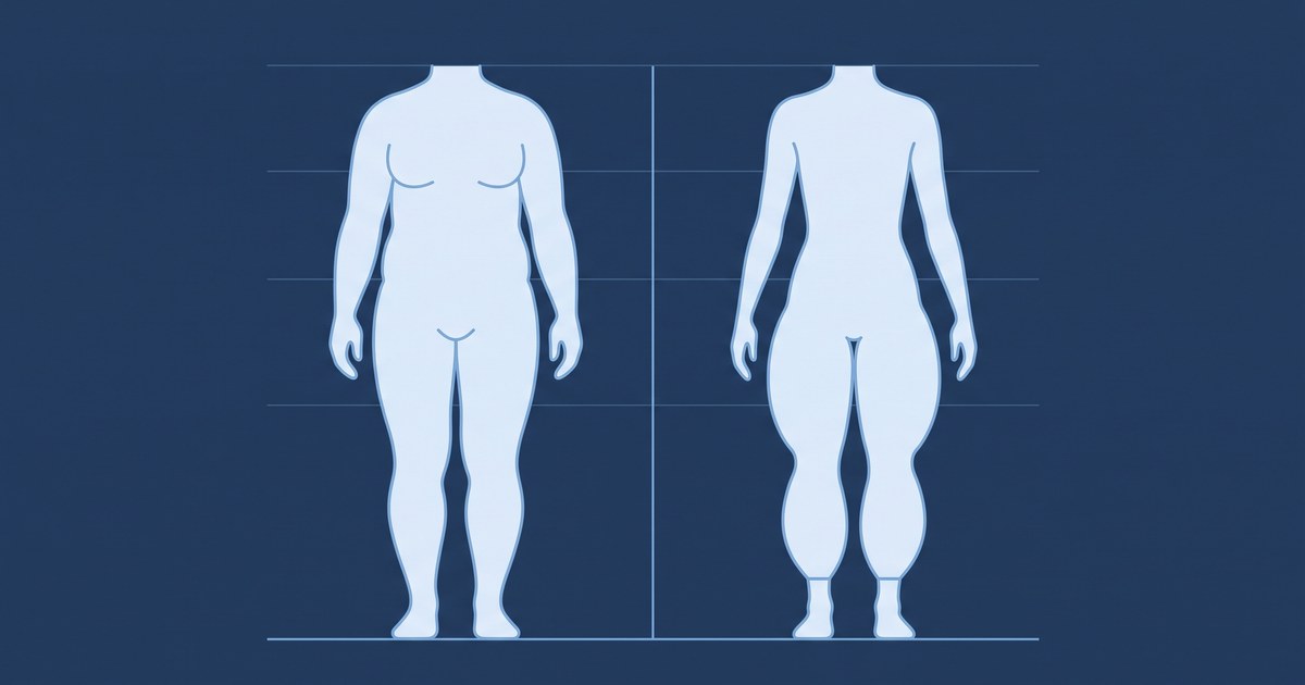 Diagrama editorial sobre fundo azul-marinho, com duas silhuetas humanas esquemáticas lado a lado, sem cabeça e sem rosto, separadas por uma linha vertical. A da esquerda tem volume distribuído de forma proporcional pelo corpo inteiro, e o contorno segue contínuo até os pés. A da direita tem tronco e braços finos, coxas e panturrilhas volumosas e simétricas, e um degrau abrupto logo acima do tornozelo, com os pés poupados. Sem texto, sem rostos, sem marcas.