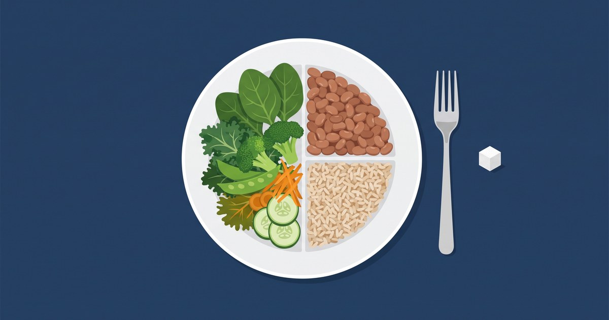 Ilustração em fundo azul-marinho de um prato visto de cima com legumes, feijão e arroz integral, um garfo ao lado e um torrão de açúcar pequeno afastado do prato.